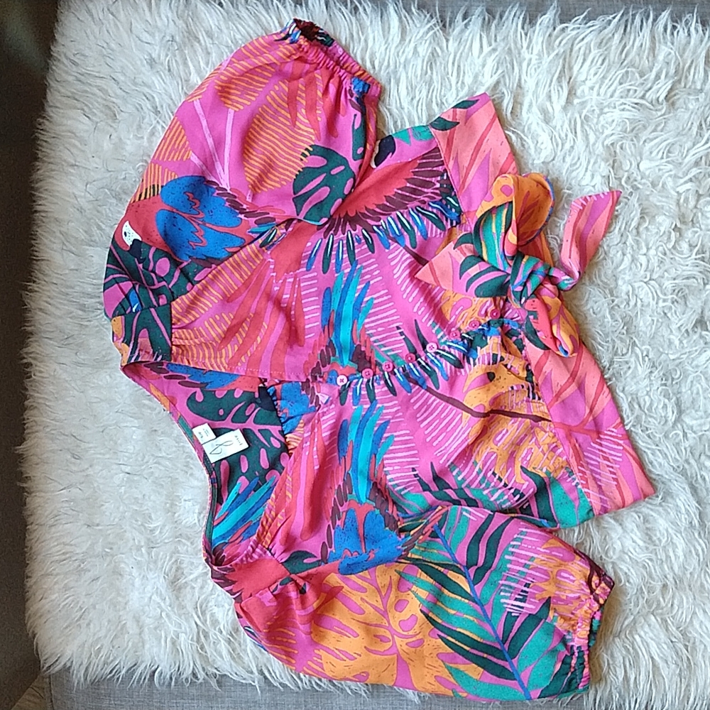 Joie Tropical Rio Parrot Cropped Balloon Sleeve Button Down Tie Front Top S